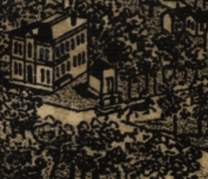 Engraved detail of a large two-storey house with a low hipped roof and rows of tall narrow windows, standing in a fenced yard.