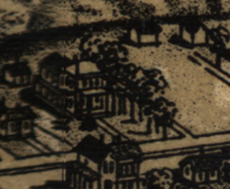 Engraved detail of a two-storey house with a long formal walk running from the road to its front porch.