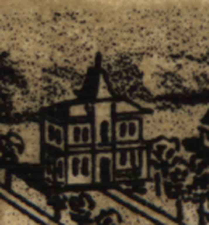Engraved detail of a two-storey house with a steep front-facing gable and a finial at the peak.